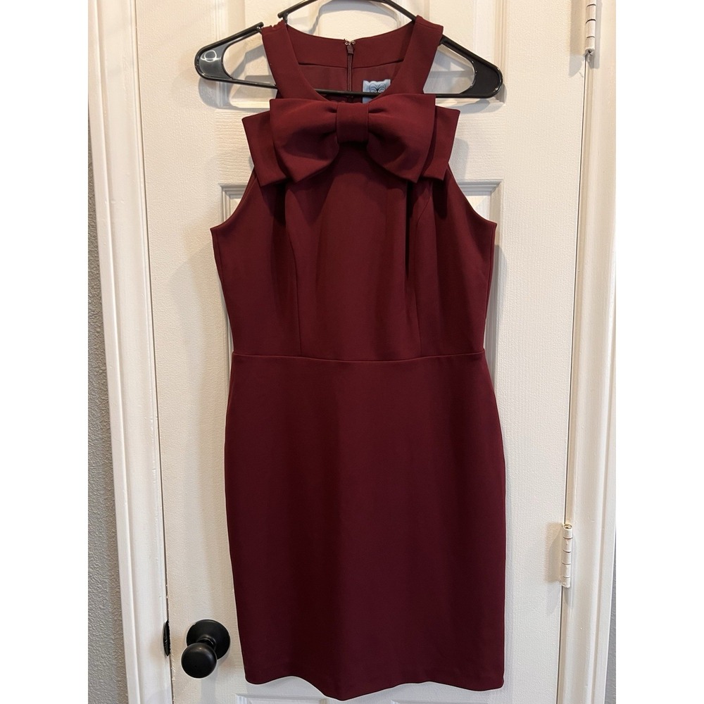 CeCe Burgundy Bow Halter Neck Sheath Dress Womens Size 8 Cocktail Evening